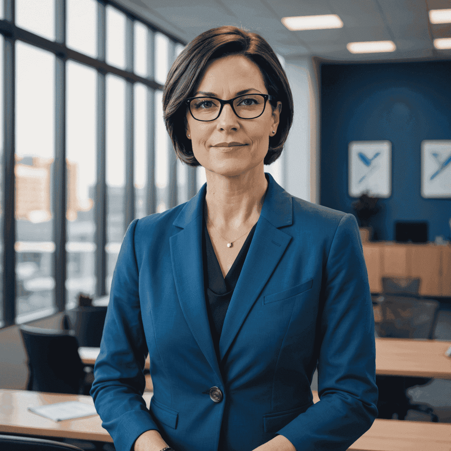 Portrait of Dr. Sarah Johnson, founder of GetSoOffer, a confident woman in her 40s with short dark hair and glasses, wearing a professional blue blazer, standing in front of a modern office setting