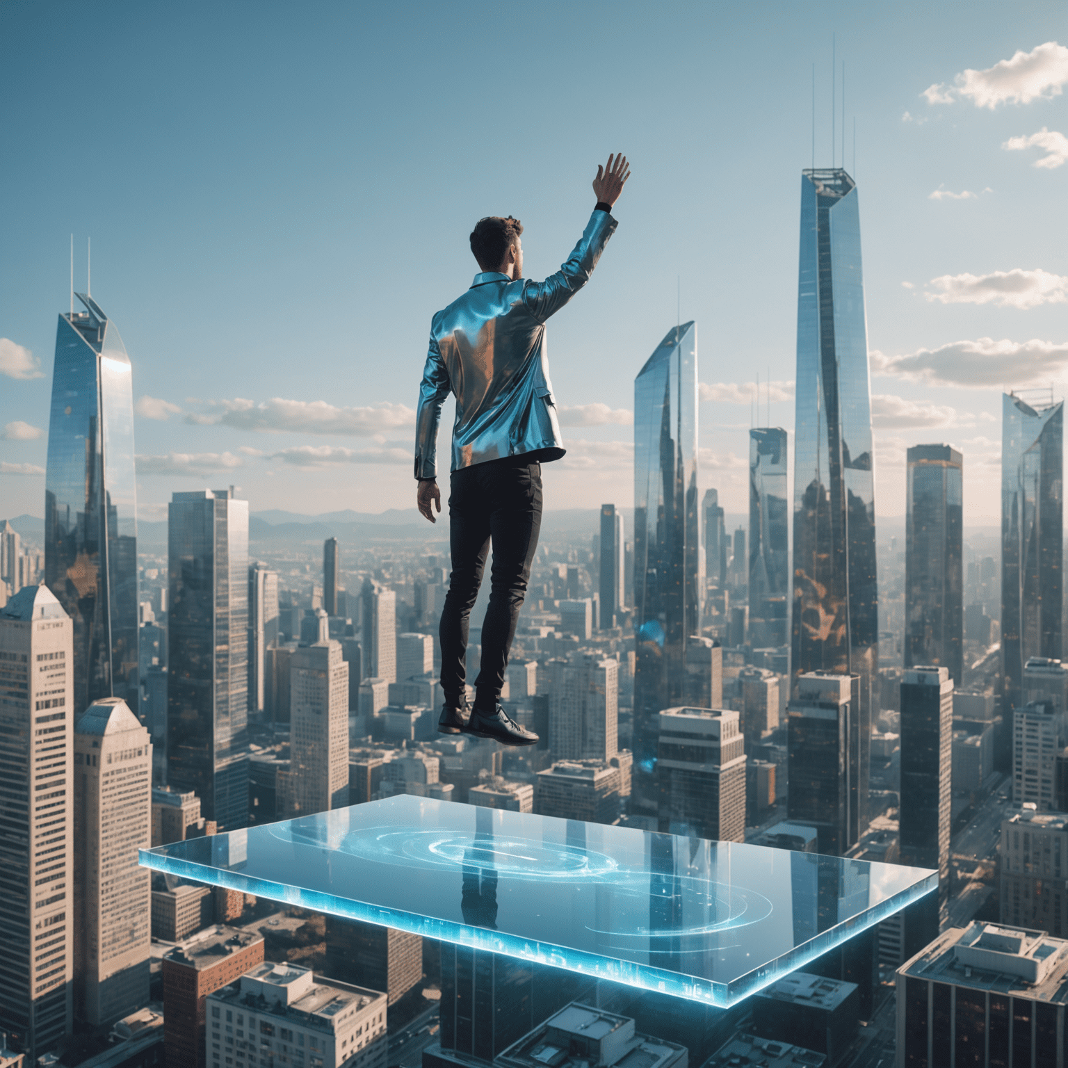 A futuristic image depicting a person standing on a glass platform, touching holographic goals floating in the air. The background shows a modern cityscape with sleek, high-rise buildings.