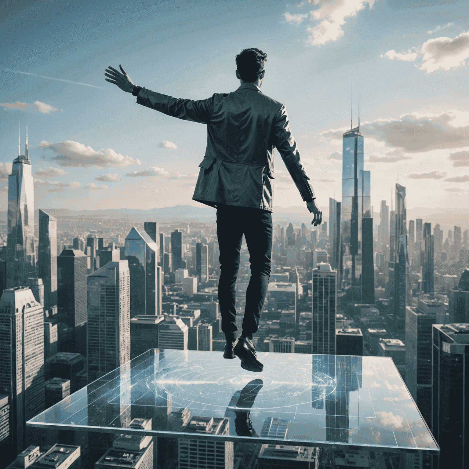 A futuristic image depicting a person standing on a glass platform, reaching towards holographic goals floating in the air. The background shows a modern cityscape with sleek skyscrapers.