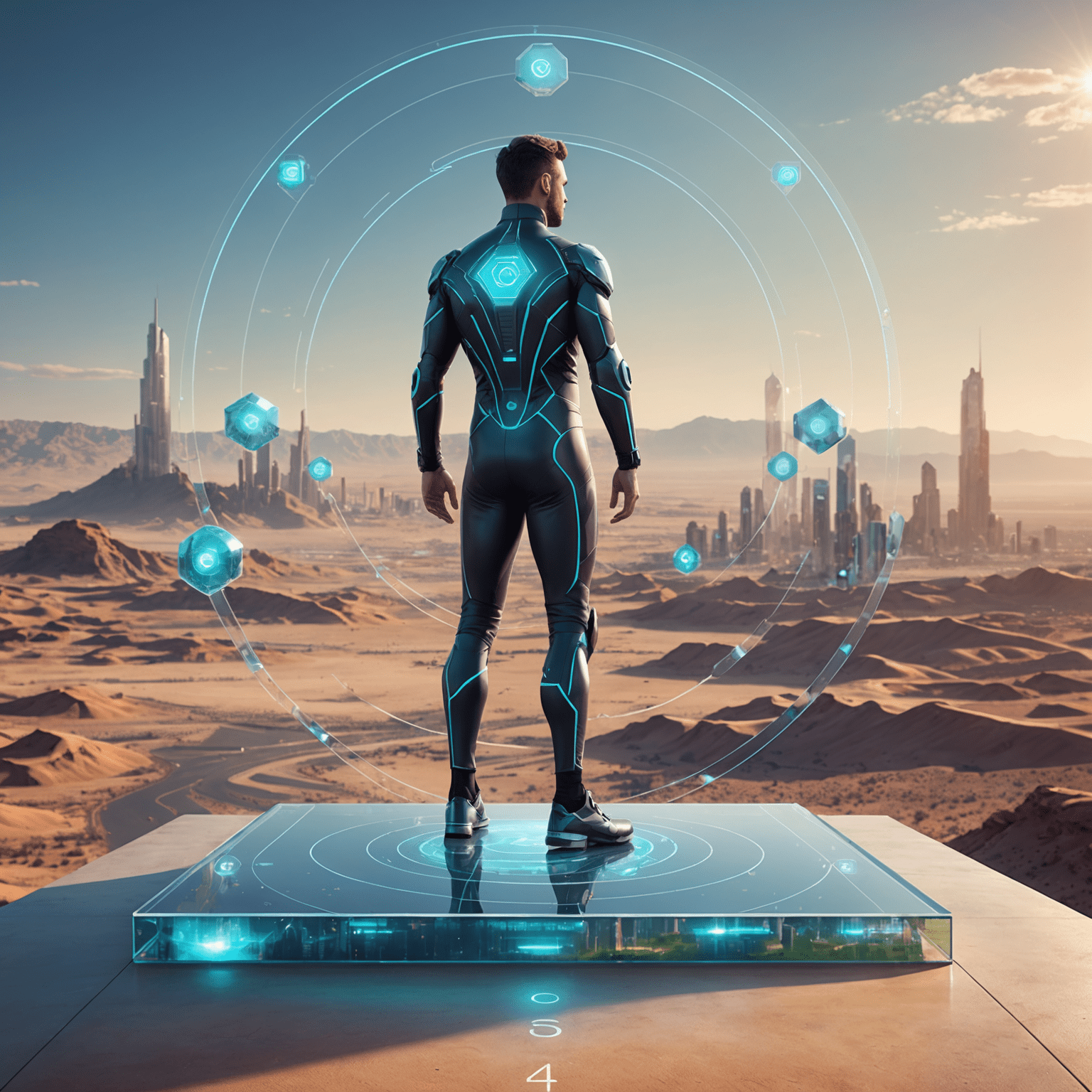 A futuristic image depicting a person standing on a glass platform, surrounded by holographic goal markers and achievement indicators. The background shows a blend of modern cityscape and desert landscape, symbolizing the journey of high performance across various domains.