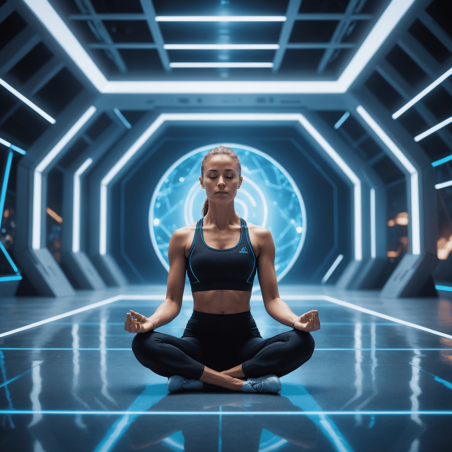 A serene athlete meditating before a competition, surrounded by a futuristic, glass-like environment with subtle blue lighting