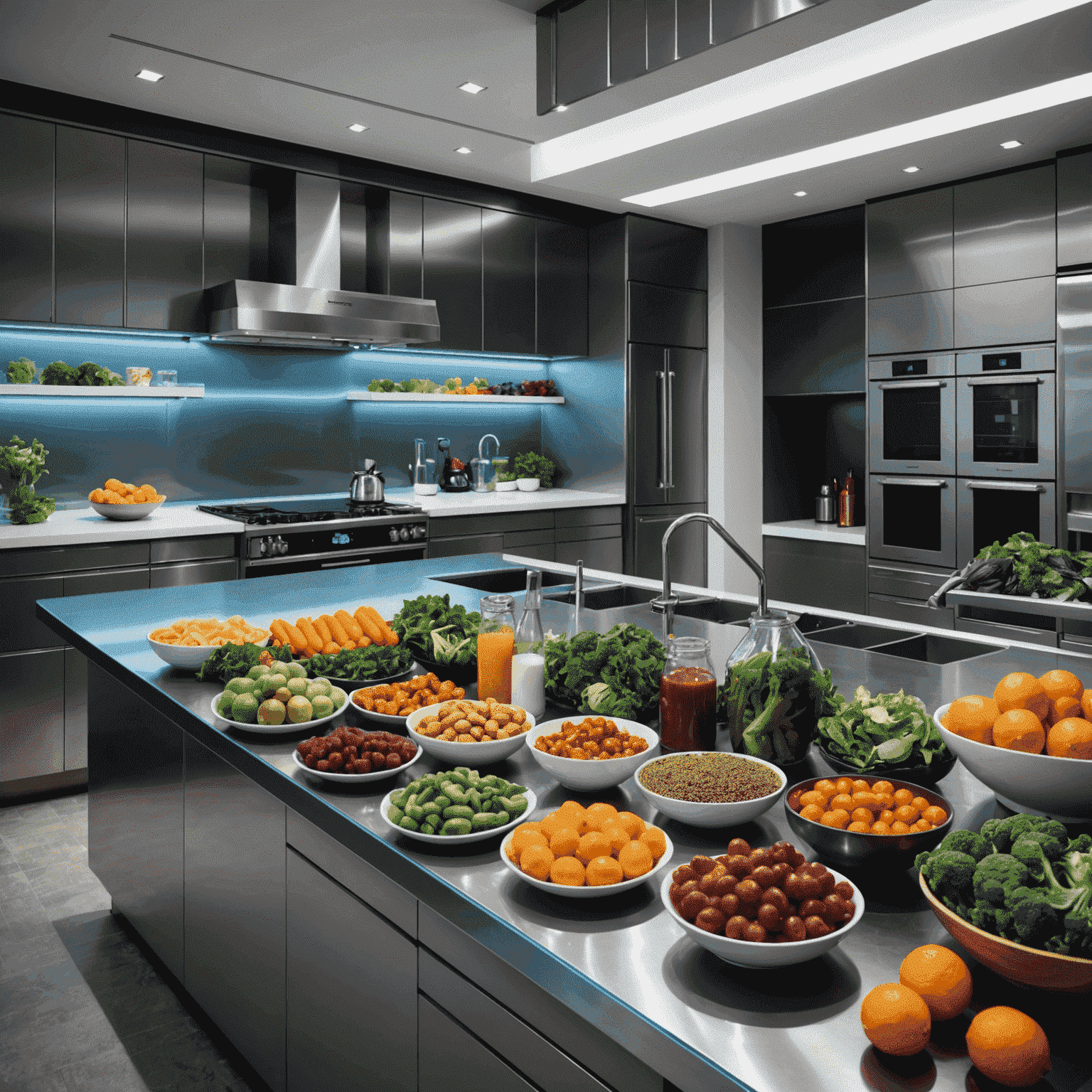 A futuristic kitchen with high-tech appliances and a variety of colorful, nutrient-dense foods laid out on a sleek, metallic countertop. The image showcases a blend of traditional whole foods and modern, scientifically formulated supplements.