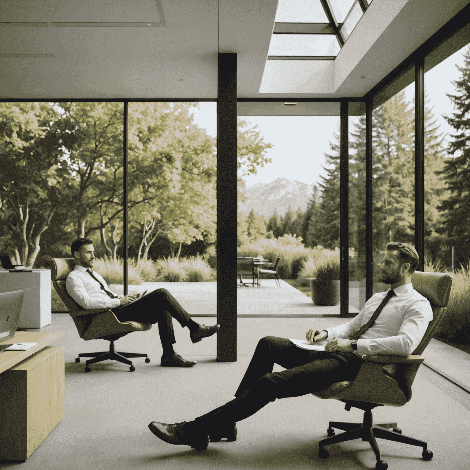 A split image showing a professional in a sleek office on one side and the same person relaxing in a serene outdoor setting on the other, symbolizing work-life balance