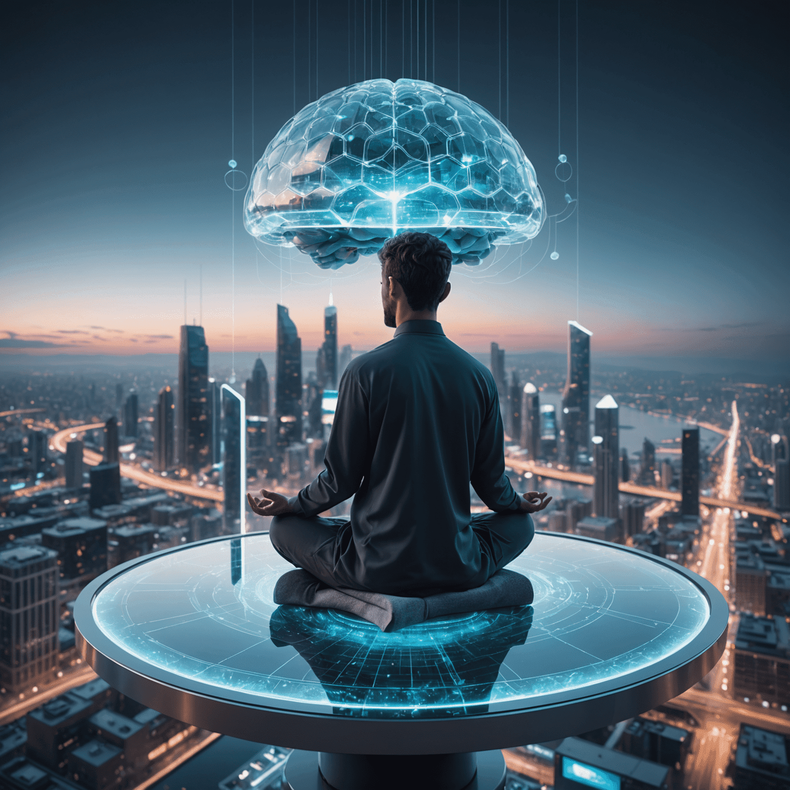 A serene image showing a person meditating on a floating glass platform above a futuristic city. Holographic brain waves and focus indicators surround the individual.