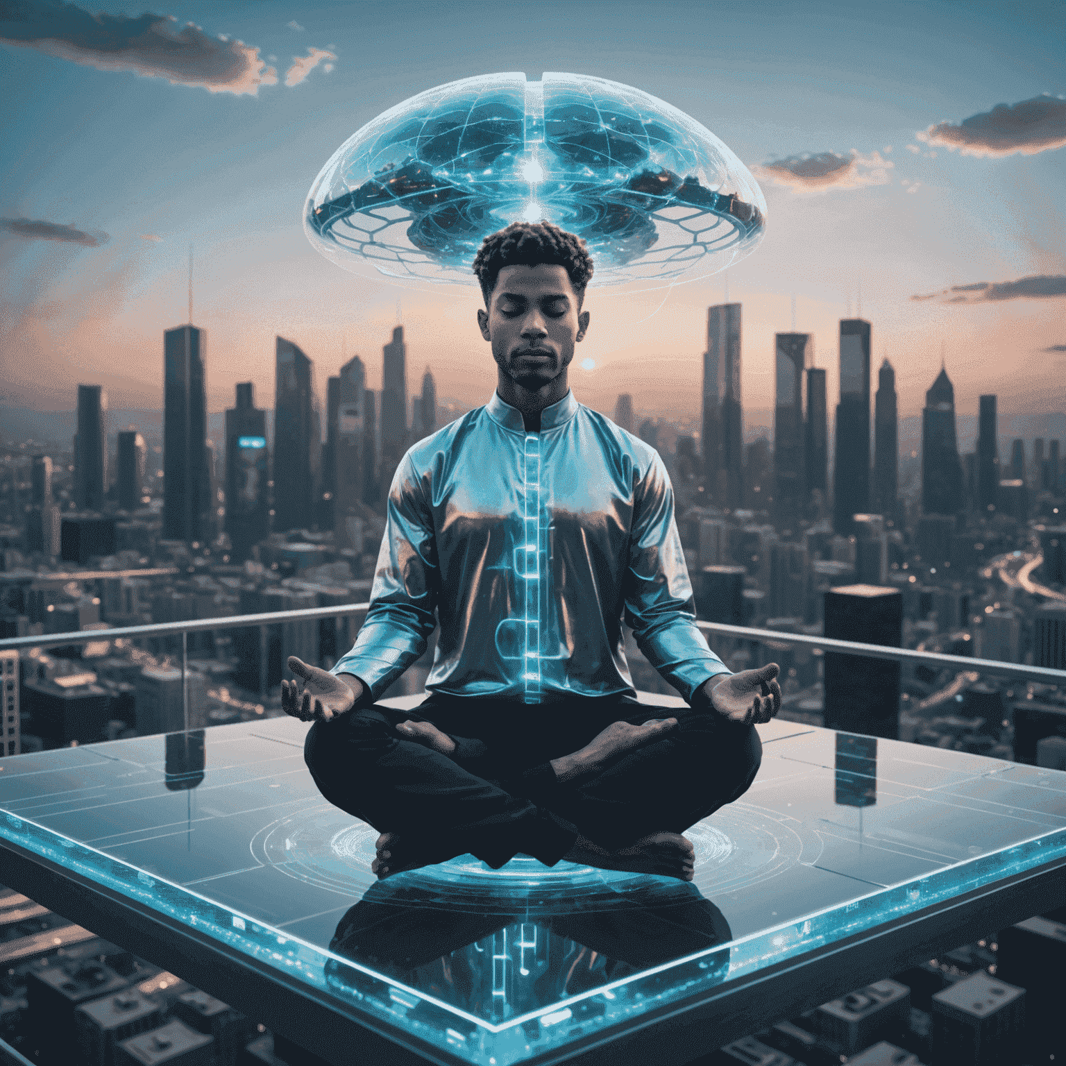 A serene image of a person meditating on a floating glass platform above a futuristic city. Holographic brain waves and focus indicators surround the individual.