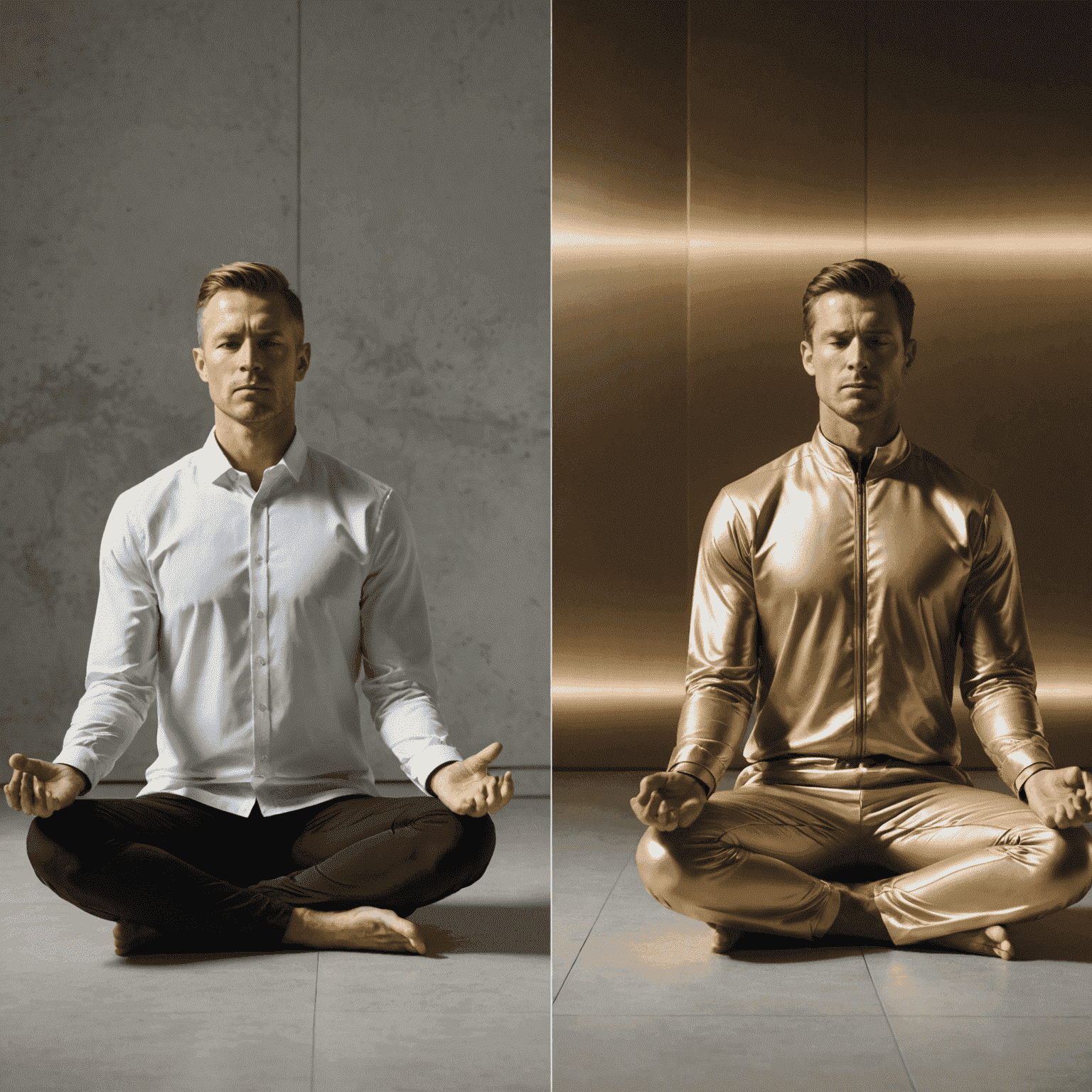 A split image showing an athlete and an executive both practicing a body scan meditation in a modern, minimalist setting with subtle gold accents