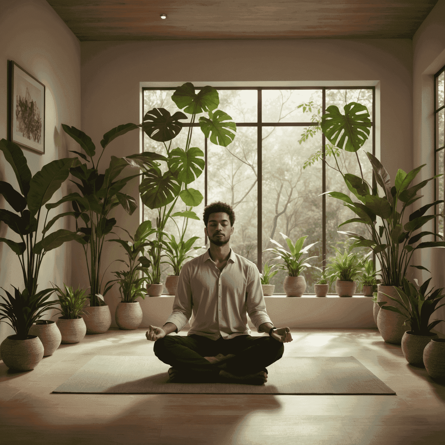 A serene meditation space with a person practicing mindfulness, surrounded by calming elements like plants and soft lighting