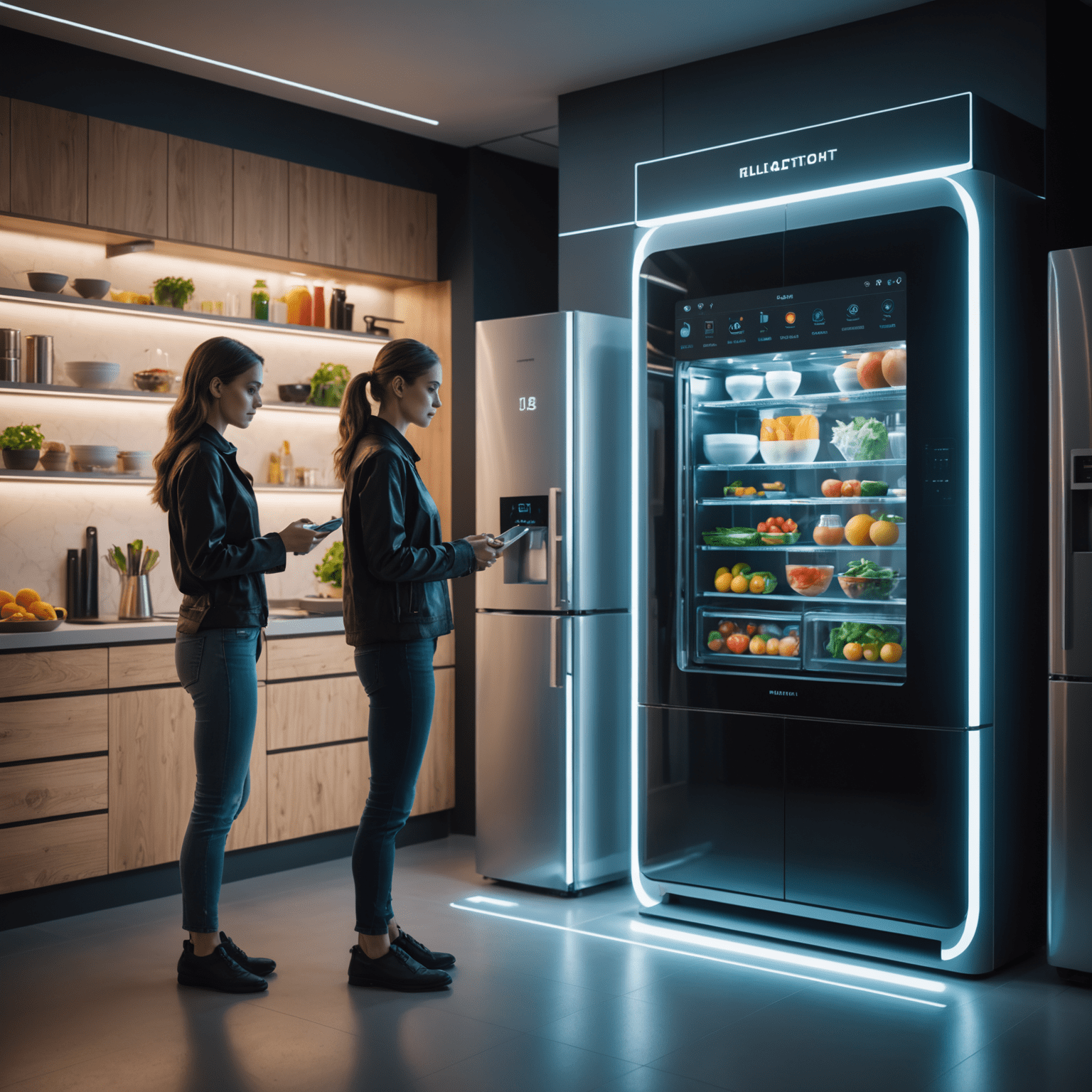 A high-tech kitchen setting with holographic displays showing nutrient breakdowns, and a person interacting with a smart fridge. Futuristic food preparation devices are visible in the background.