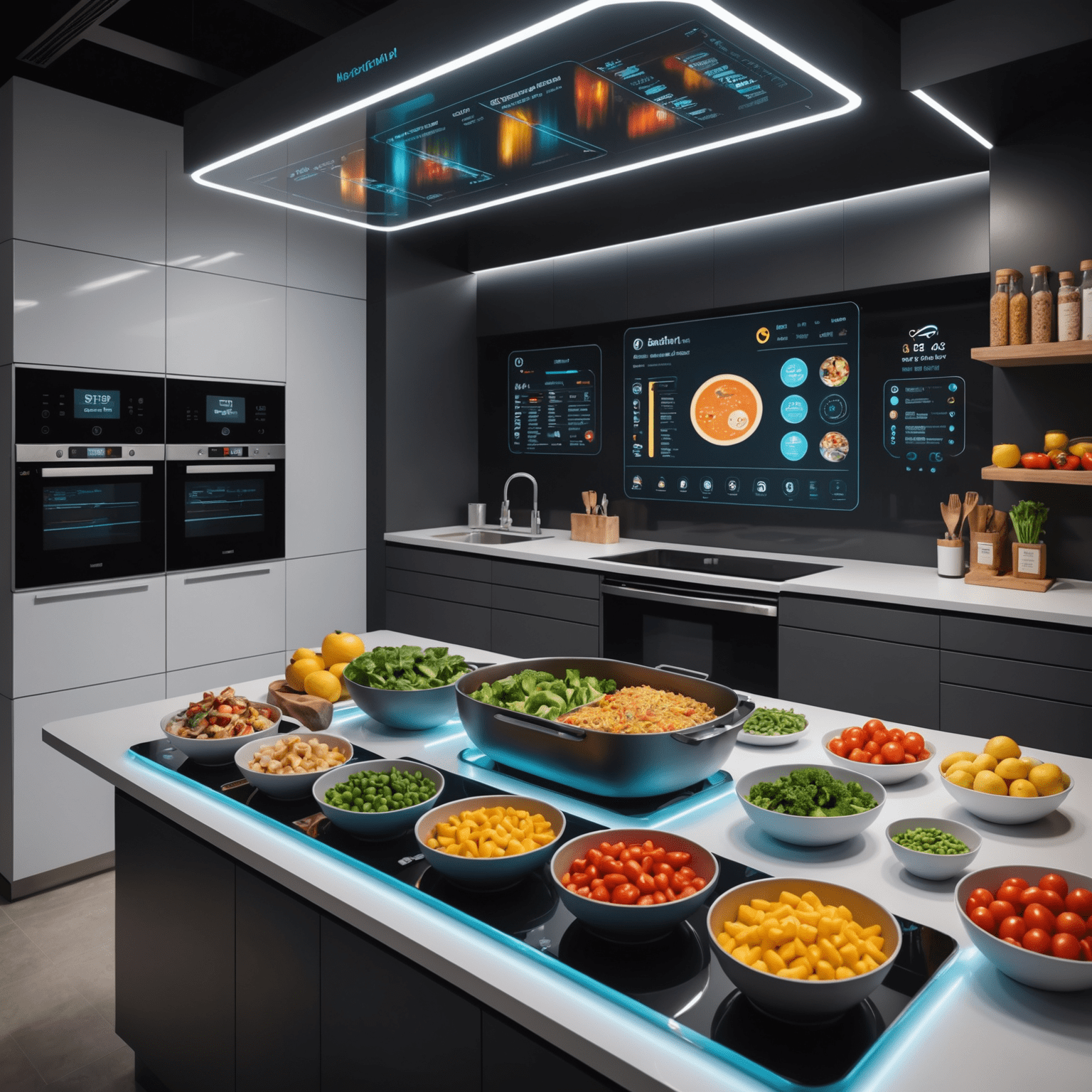 A high-tech kitchen setting with holographic displays showing nutritional information. Futuristic food preparation devices and vibrant, healthy ingredients are visible.