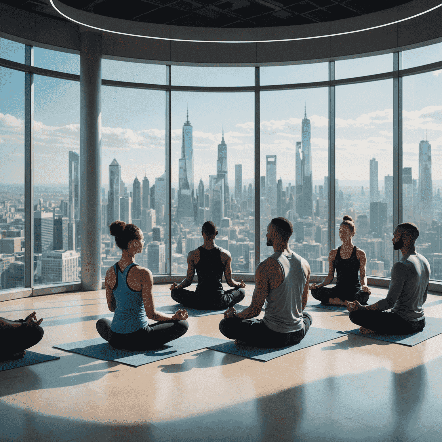 A diverse group of athletes and executives practicing loving-kindness meditation in a futuristic, glass-walled room with a view of a modern cityscape