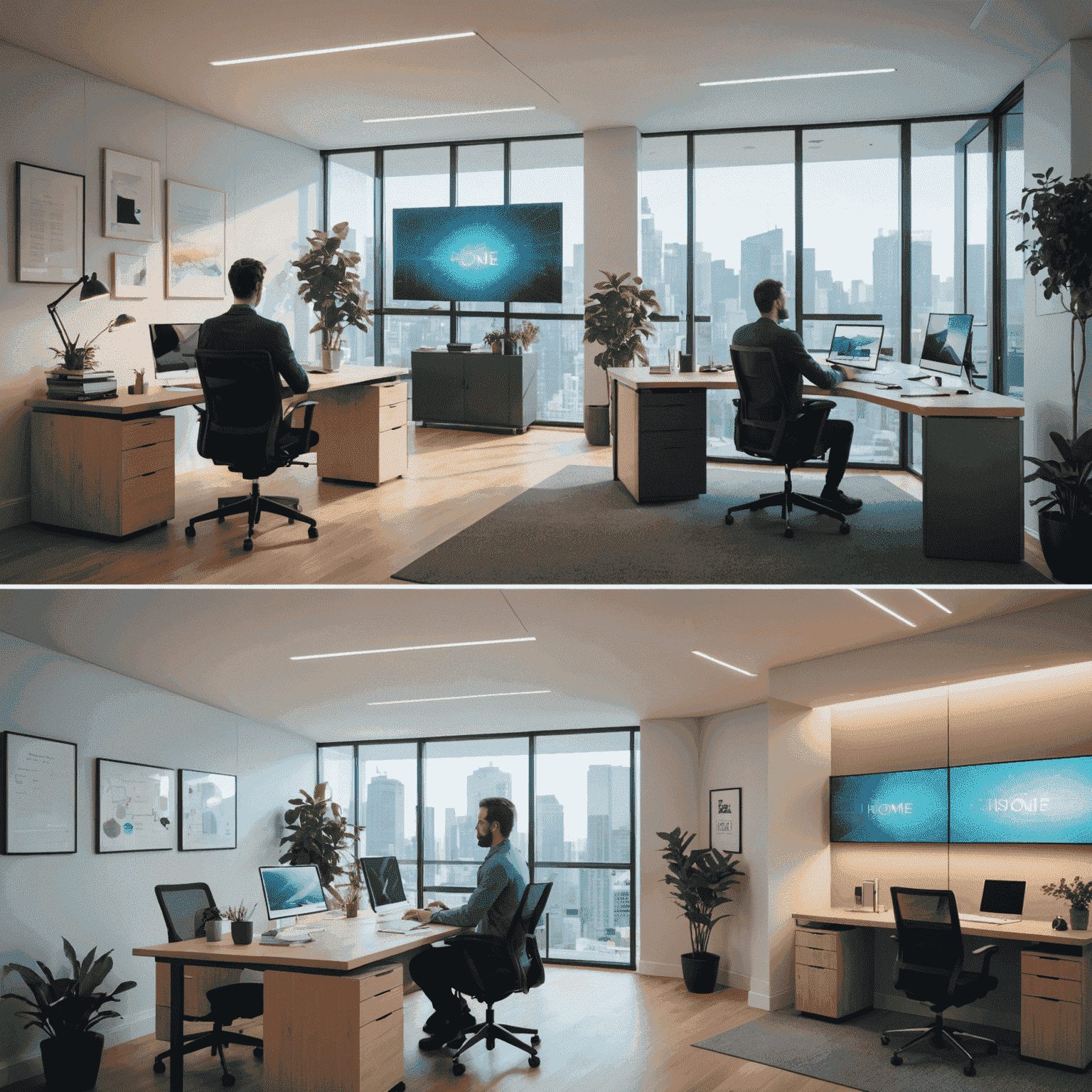 A split-screen image: one half showing a sleek, modern office, the other half depicting a relaxing home environment. A person is shown seamlessly transitioning between the two, surrounded by holographic time management tools.