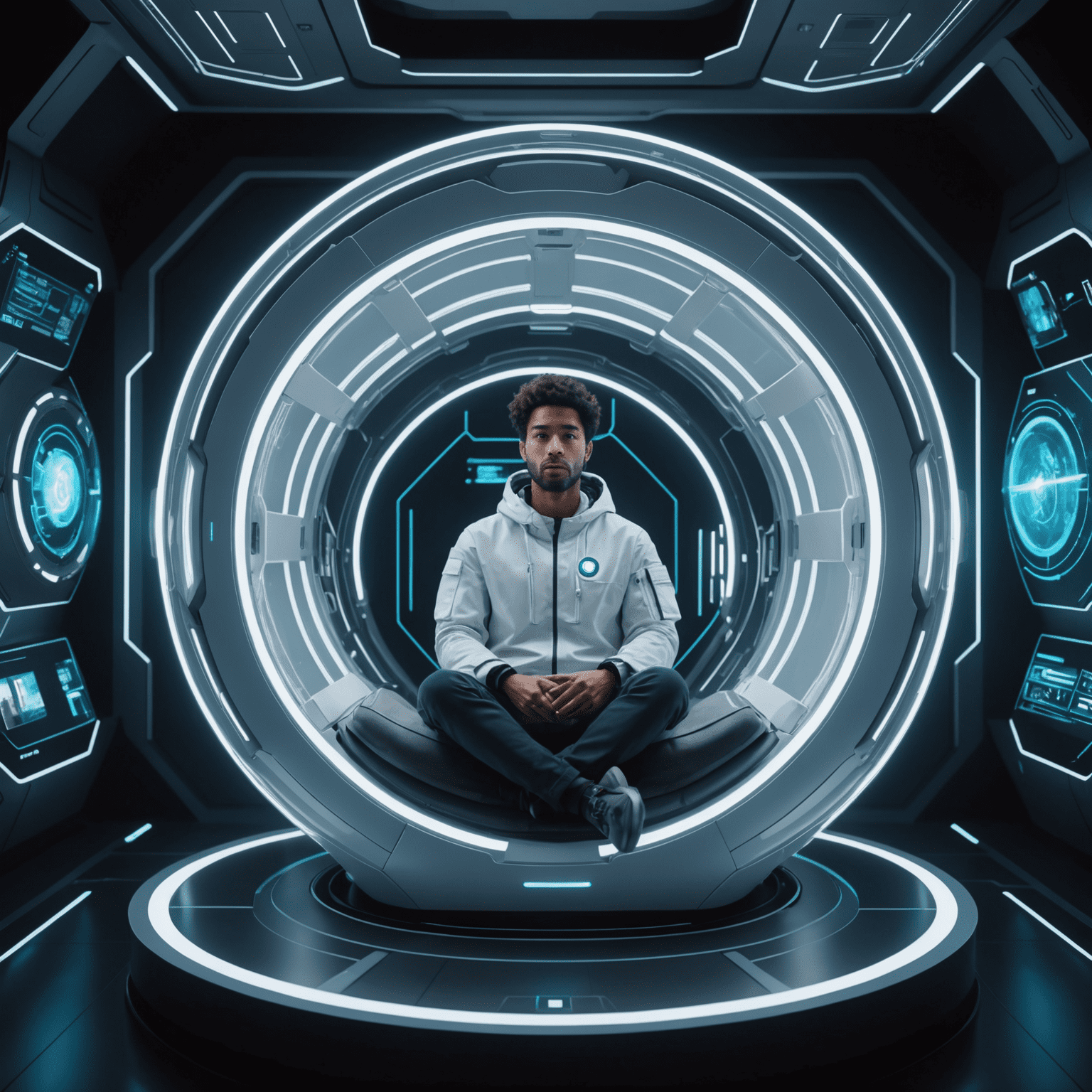 A futuristic recovery pod with a person inside, surrounded by healing light. Holographic displays show vital signs and recovery progress.